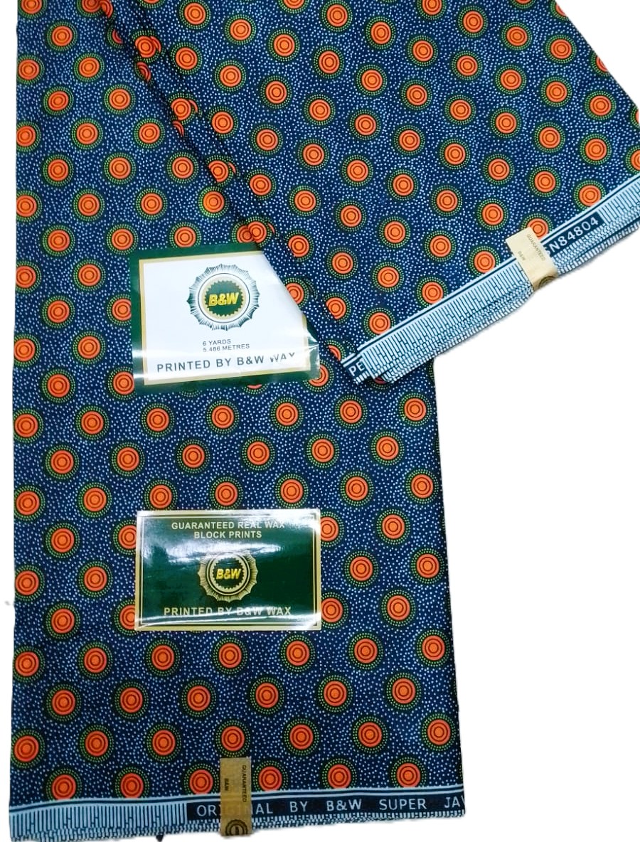 Navy & Orange Concentric Dot African Wax Print Fabric
