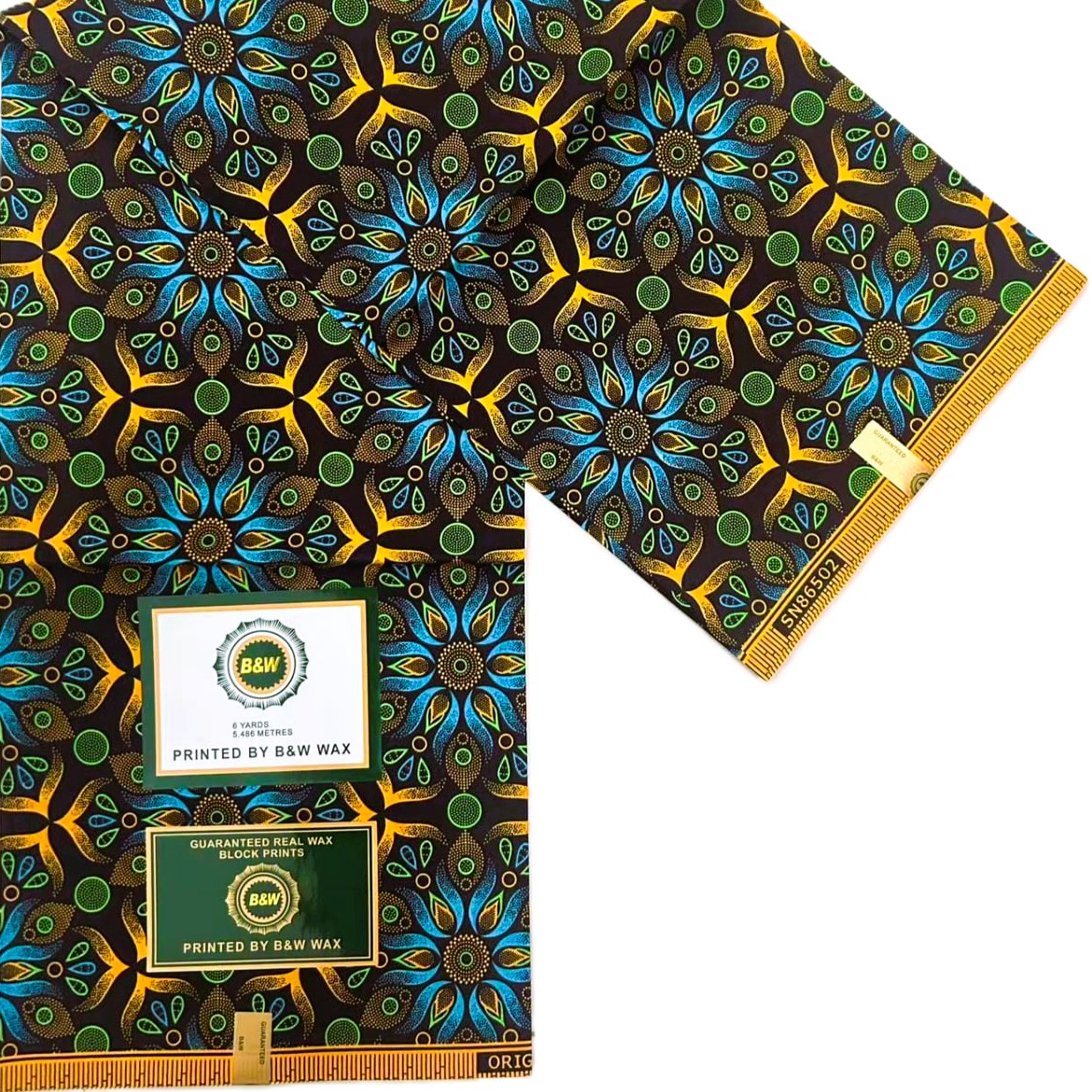 Teal & Gold Floral Medallion African Wax Print Fabric Teal & Gold Floral Medallion African Wax Print Fabric