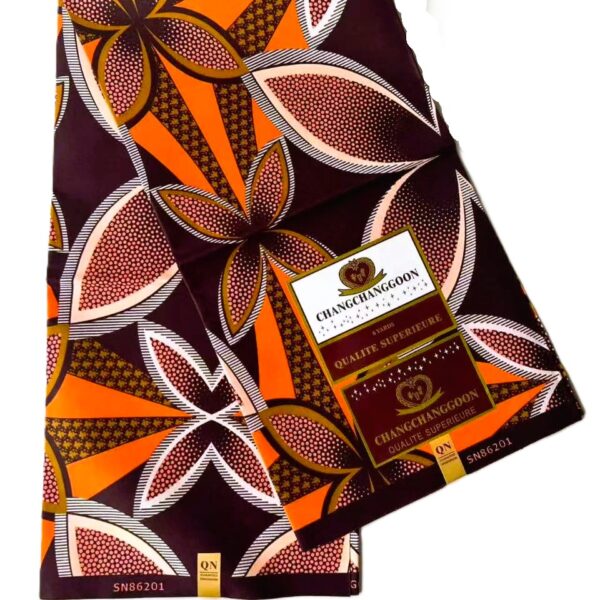 Orange Burgundy Geometric Leaf African Wax Print Fabric